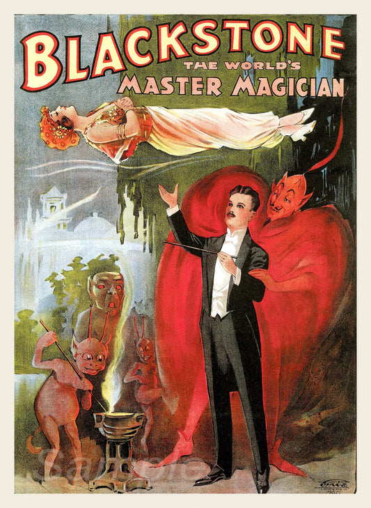 Vintage advertising poster for Blackstone the Master Magician, featuring an illustration of a magician with a red backdrop, surrounded by elements suggesting illusion and magic.