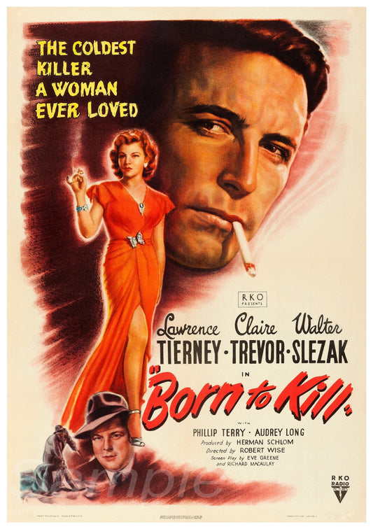 A vintage movie poster print titled 'Born to Kill' featuring a woman in a red dress and a man with a cigarette in a close-up shot, with additional text and imagery from the movie.