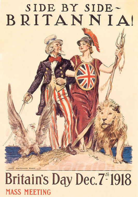 A vintage war poster from 1918 titled 'Britain's Day Dec. 7 1918', featuring a man and a woman dressed in patriotic attire with a lion and a symbol of freedom.