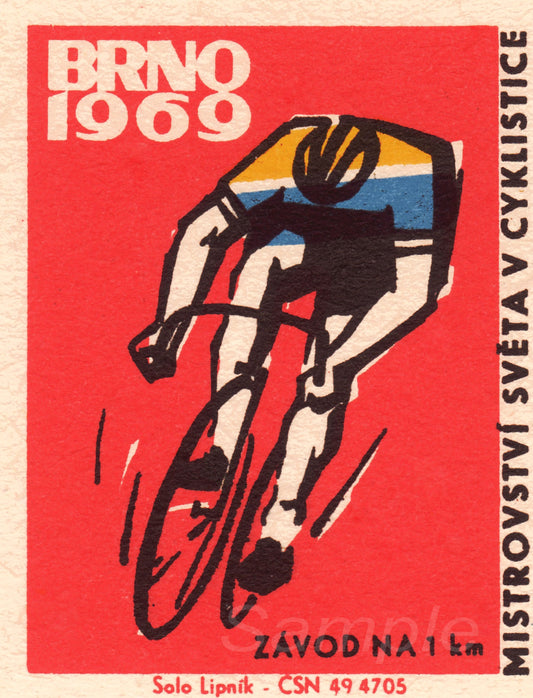 Vintage poster print of a cyclist with the text 'BRNO 1969' on a red background.