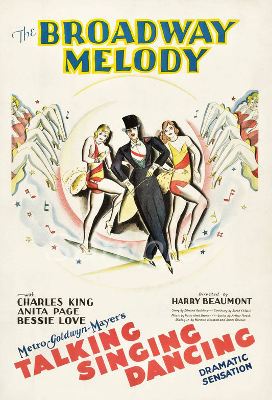 Vintage style movie poster for 'The Broadway Melody' featuring three performers on stage with a musical background.