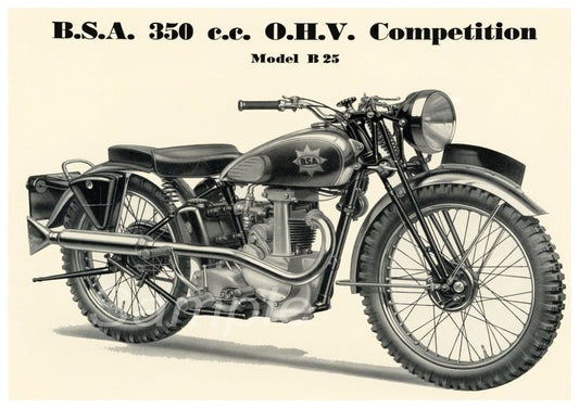 Vintage BSA motorcycle with 'B.S.A. 350 c.c. O.H.V. Competition Model B 25' text on a beige background