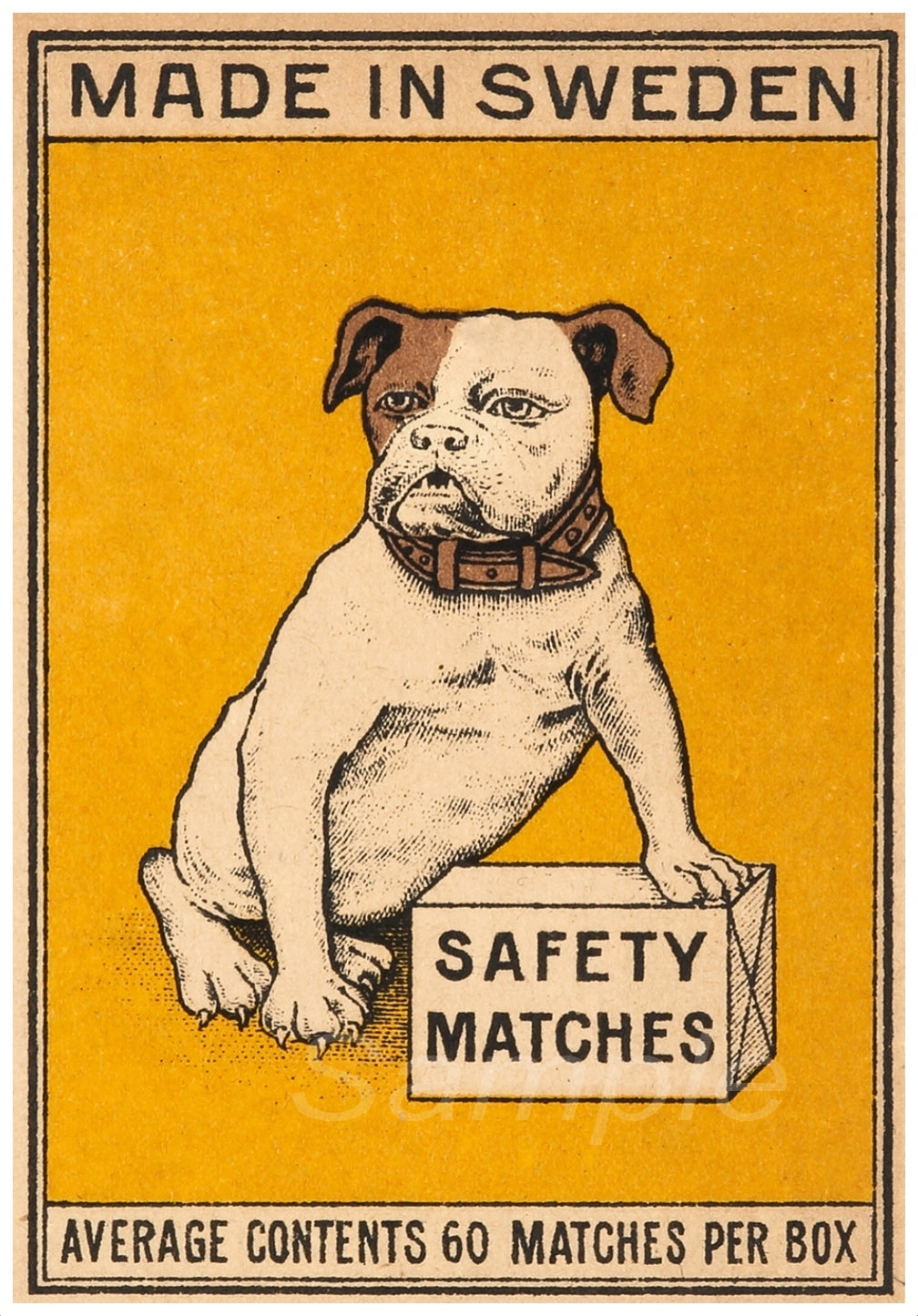 Vintage-style advertisement with a dog holding a 'SAFETY MATCHES' box on a yellow background.