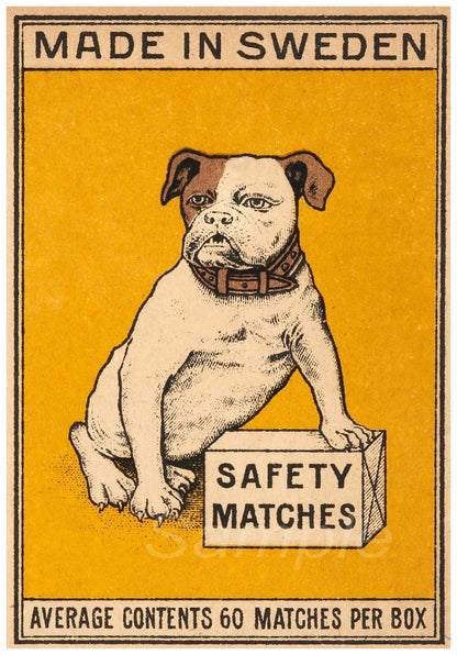 Vintage-style advertisement with a dog holding a 'SAFETY MATCHES' box on a yellow background.