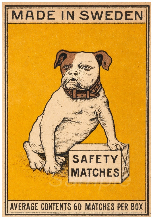 Vintage-style advertisement with a dog holding a 'SAFETY MATCHES' box on a yellow background.