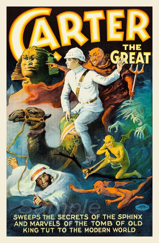 Vintage style poster featuring an illustration of a magician named Carter The Great in a white suit with a hat, surrounded by various whimsical characters and elements, such as a talking Sphinx and magical symbols.