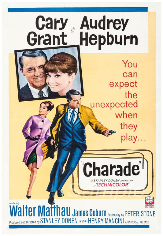 Vintage movie poster print of the 1963 film 'Charade' featuring Audrey Hepburn and Cary Grant, with a white background.