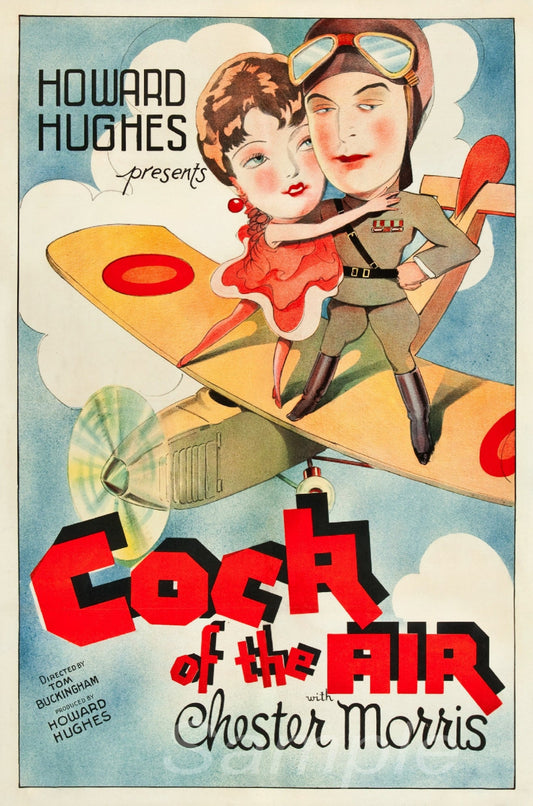 Vintage movie poster print for 'Cock of the Air' featuring an illustration of a man and a woman with a biplane in the background, presented by Howard Hughes.