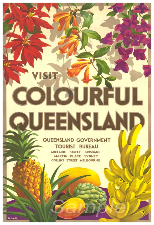 A vintage travel poster print promoting Queensland, Australia with a colorful background of flowers and fruits.