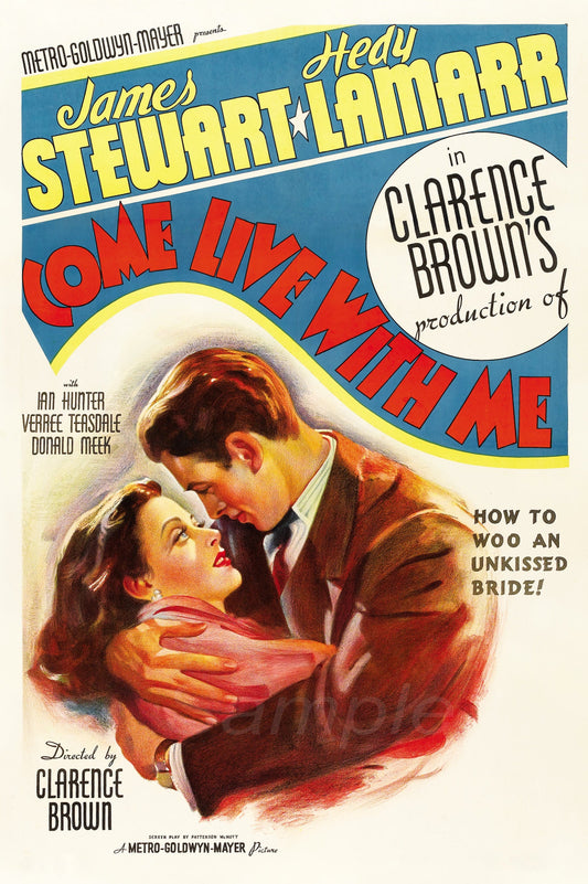 Vintage style movie poster for 'Come Live With Me' featuring an embracing couple, with text and credits information.