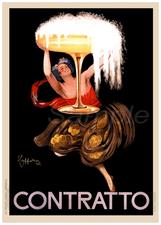 A vintage style advertisement print for Continental Bicycle Tyre featuring a stylized character holding a large tire, with the brand name 'CONTRATTO' prominently displayed.