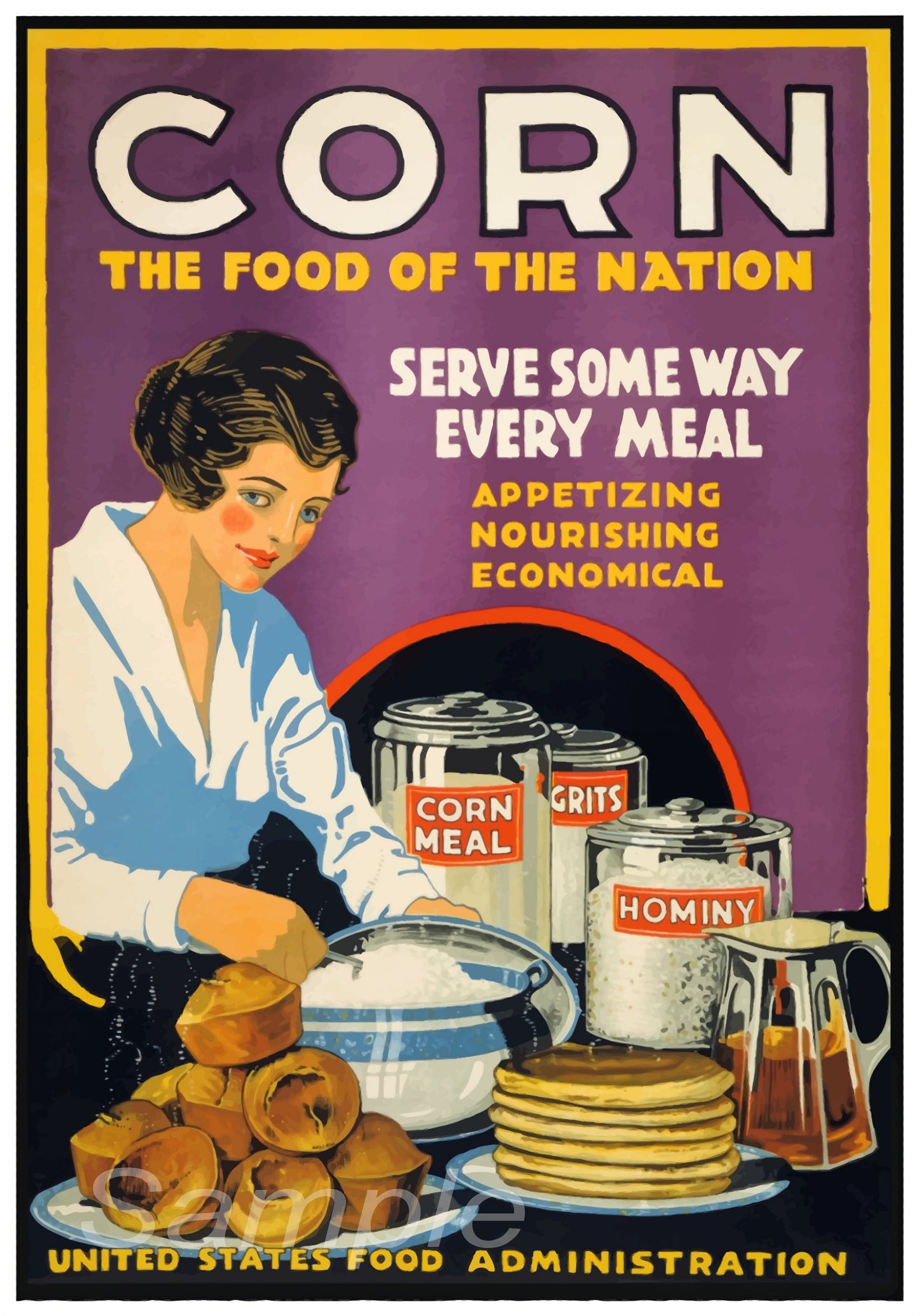 A vintage style poster depicting a woman with a bowl labeled 'Corn Meal', surrounded by various breakfast items like pancakes and grits, with the title 'CORN The Food of the Nation' at the top.