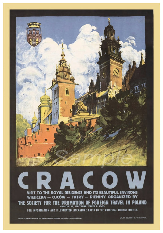 A vintage travel poster featuring the city of Cracow in Poland with iconic landmarks such as a cathedral and castle, emphasizing its historical and architectural beauty.