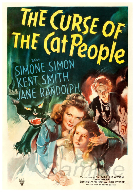 Vintage movie poster for 'The Curse of The Cat People' featuring a black cat, a woman in blue, and a second woman with a black hat and glasses.