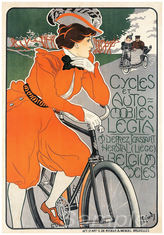 Vintage-style advertisement poster featuring a woman on a bicycle with early automobiles in the background.