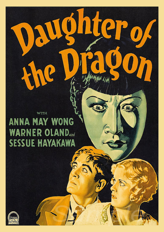 Vintage style movie poster for 'Daughter of the Dragon' featuring a black and white image of three people with a dramatic expression on the woman's face, with yellow and orange text accents.