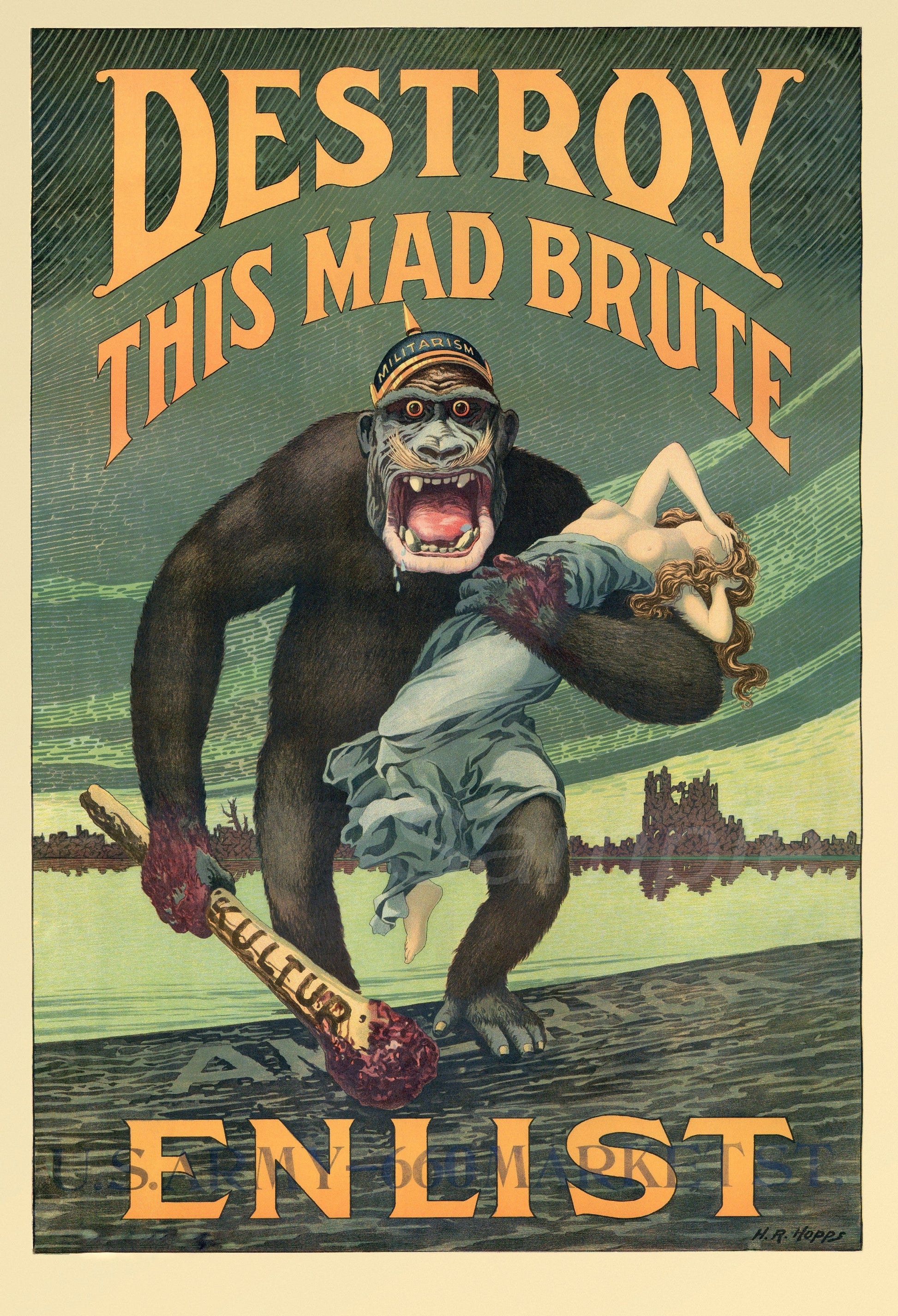 Vintage-style poster with a gorilla holding a woman, text 'DESTROY THIS MAD BRUTE' and 'ENLIST'.