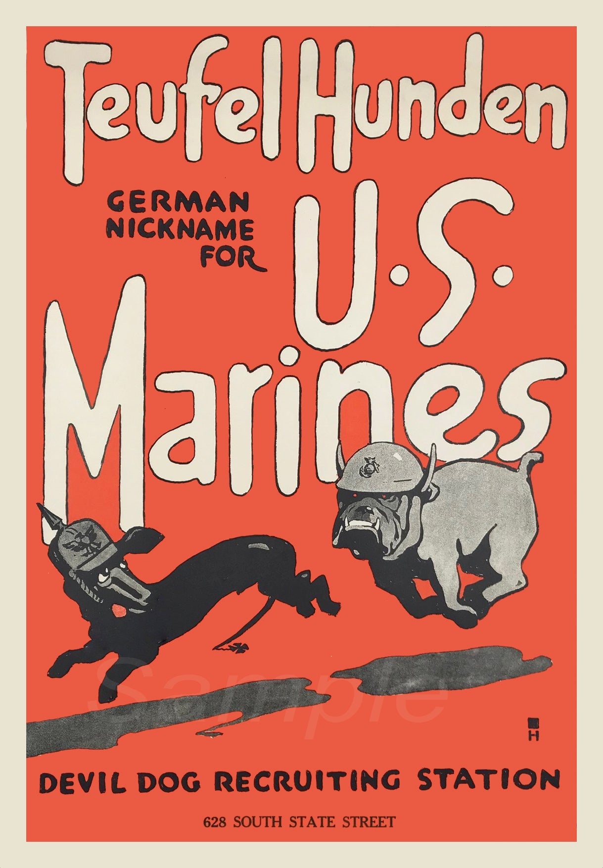 Vintage-style poster with text and illustrations of dogs, labeled 'Teufel Hunden' for U.S. Marines.