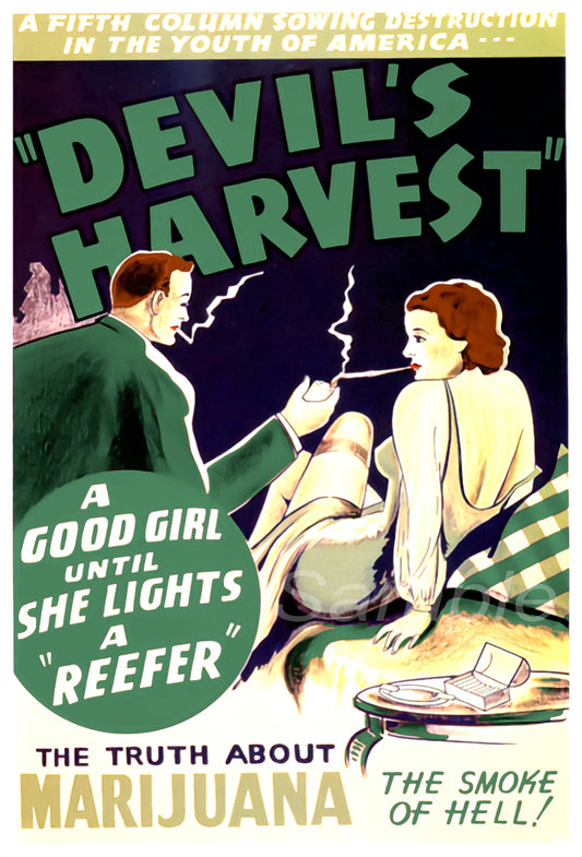 Vintage movie poster print for the film 'Devil's Harvest' featuring two people in a dark room with text and graphical elements indicative of the era.