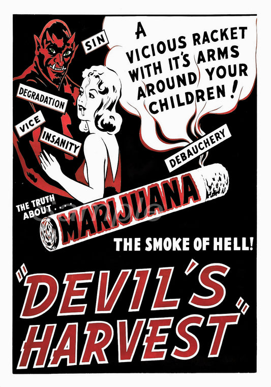 A vintage style movie poster print with a red and black color scheme, featuring text and imagery related to marijuana and social issues.