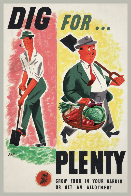 A vintage style poster featuring two cartoon characters digging in a garden and planting seeds, with a slogan 'Dig for.