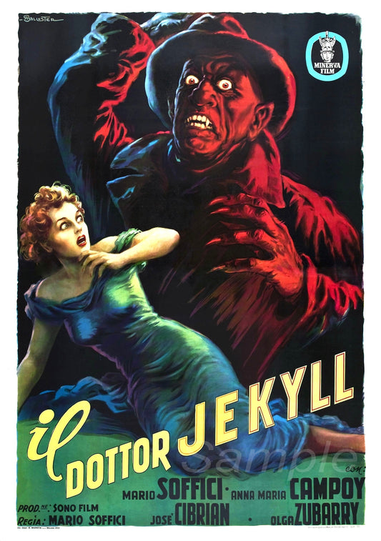 Vintage movie poster print of 'Dottor Jekyll' featuring a man in a suit and a woman looking scared in the background.