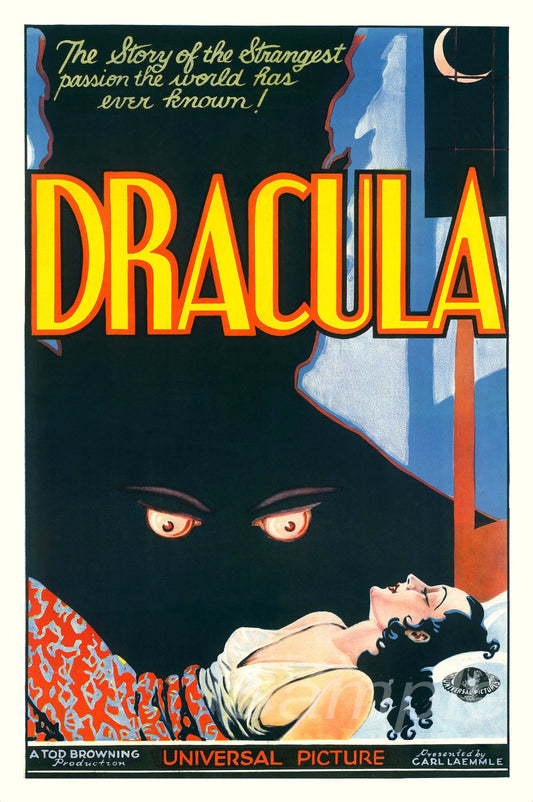 Vintage movie poster for 'Dracula' with a dark background and prominent text.