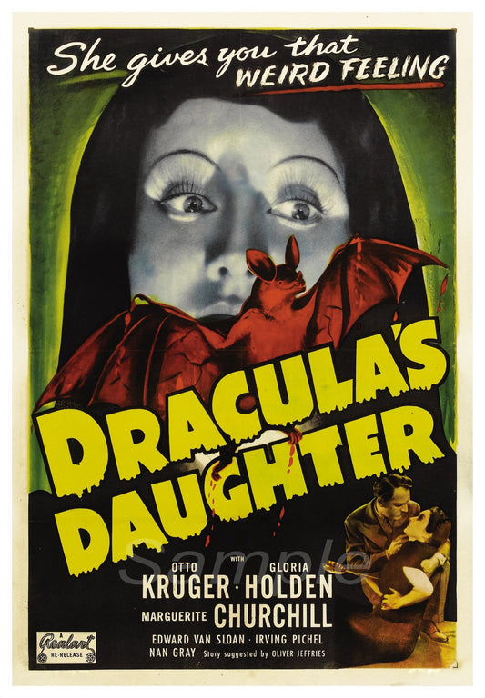 Vintage movie poster for 'Dracula's Daughter' featuring a woman in costume with a bat, against a green and black background with text.