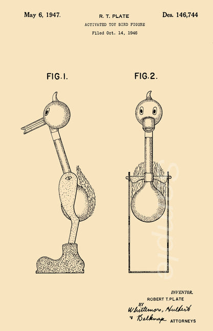 Vintage poster print of a bird-shaped toy with a patent application figurehead dated 1947.
