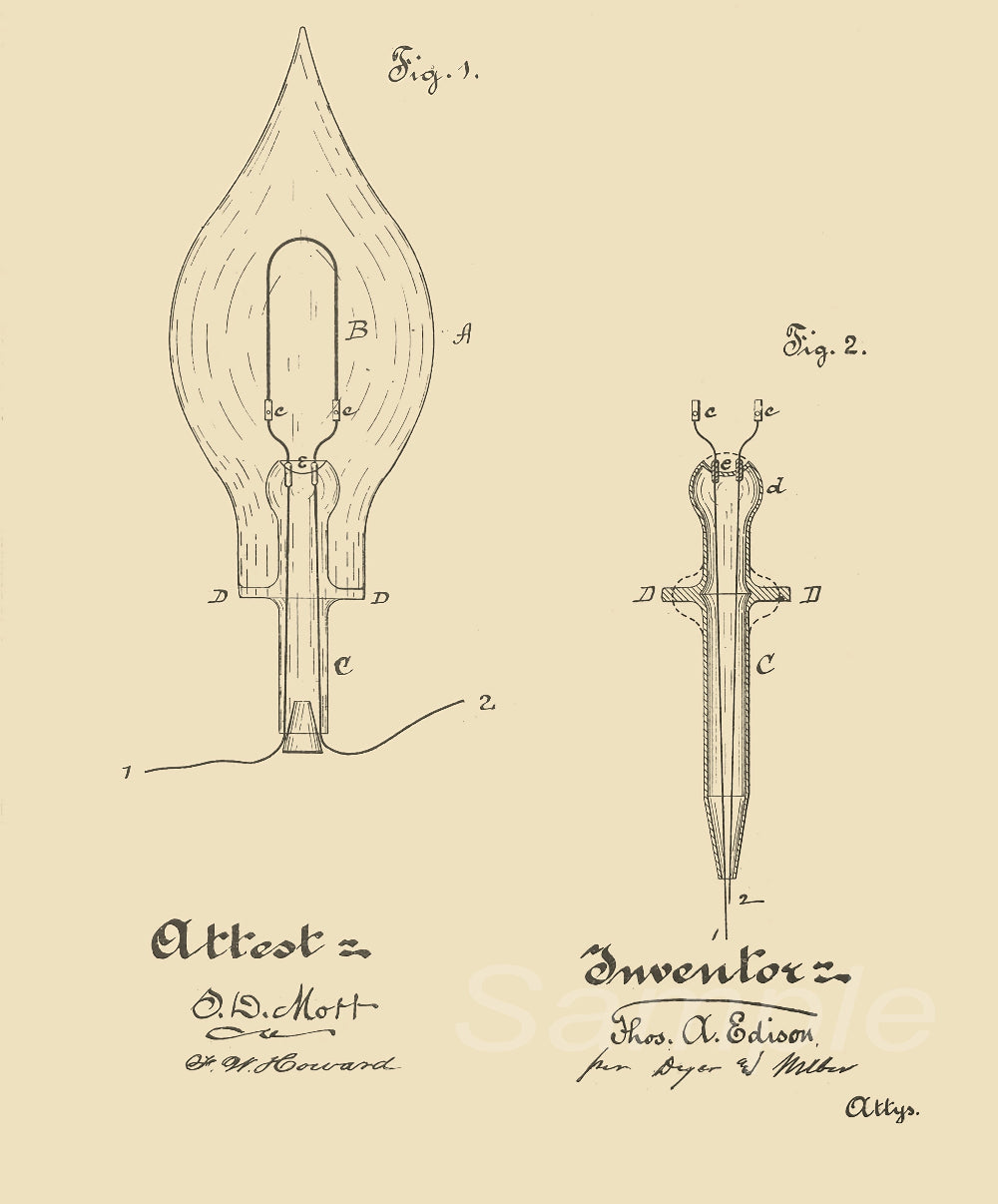 Vintage style poster featuring the text and illustrations of an 1881 electric lamp patent application by Edison, with the title 'ATTOO 2 - INVENTOR - His Discovery -' and signatures of the inventor and witnesses.