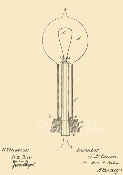 A vintage poster print of the 1869 Electric Lamp Patent by Edison, featuring a drawing of an early lamp design.
