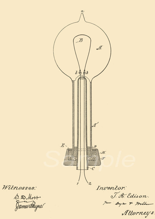A vintage poster print of the 1869 Electric Lamp Patent by Edison, featuring a drawing of an early lamp design.