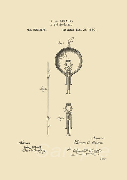 Vintage style electric lamp patent poster print with text and drawings from the 1880 Edison patent application.