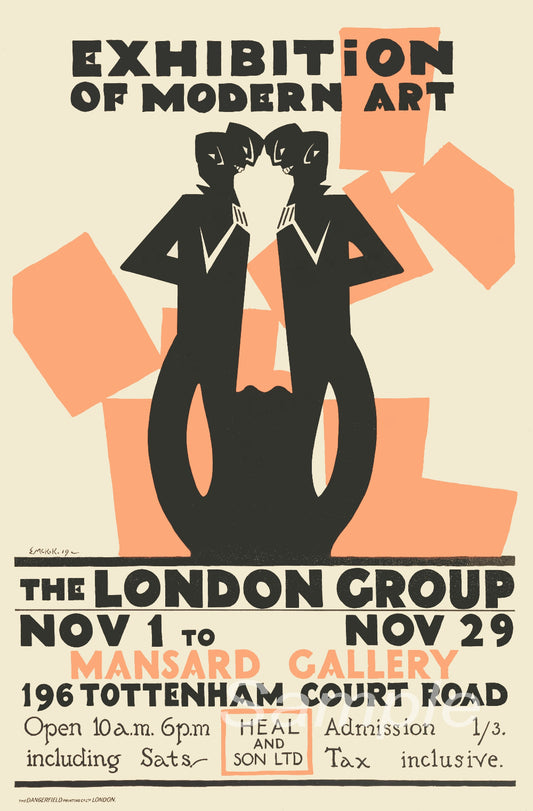 Vintage advertising poster for an exhibition of modern art featuring two silhouetted figures with a poster title and venue details.