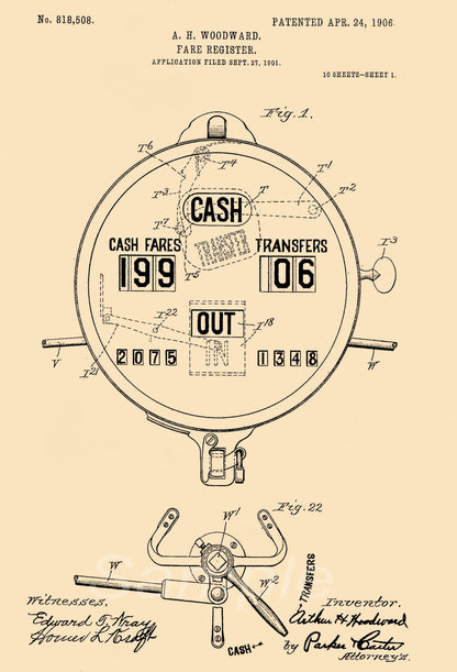 Vintage style poster print of a cash fare register patent from 1901, with text and illustrations depicting the device.