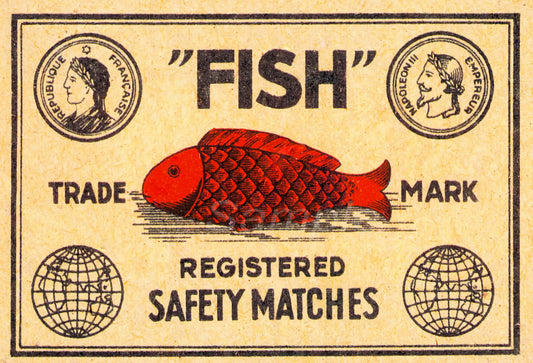Vintage matchbox label with a red fish illustration and 'Fish' trade mark text.