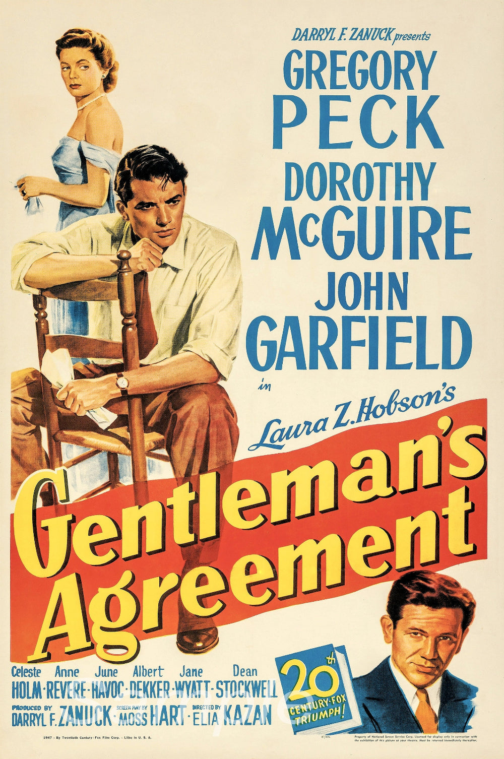Vintage movie poster print for the 1947 film 'Gentleman's Agreement' featuring images of the actors and title text.