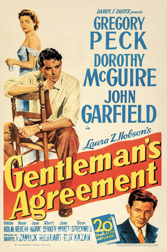 Vintage movie poster print for the 1947 film 'Gentleman's Agreement' featuring images of the actors and title text.