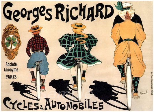Vintage advertising poster featuring three stylized illustrations of people on bicycles against a yellow and black background, with the text 'Georges Richard' and 'Cycles et Automobiles'.