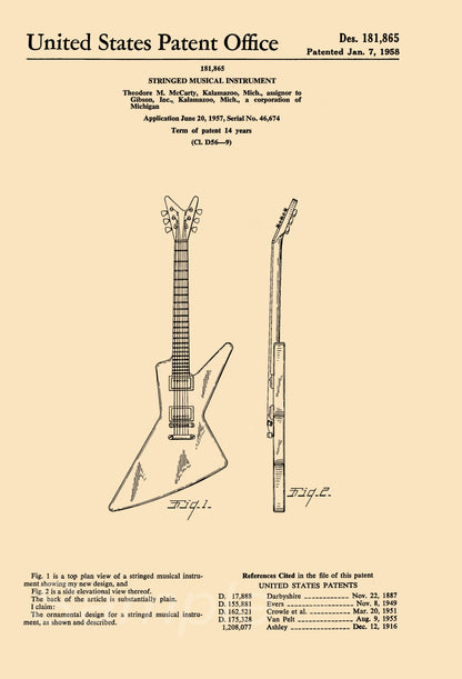 A printed poster depicting a vintage 1957 Gibson guitar patent illustration.
