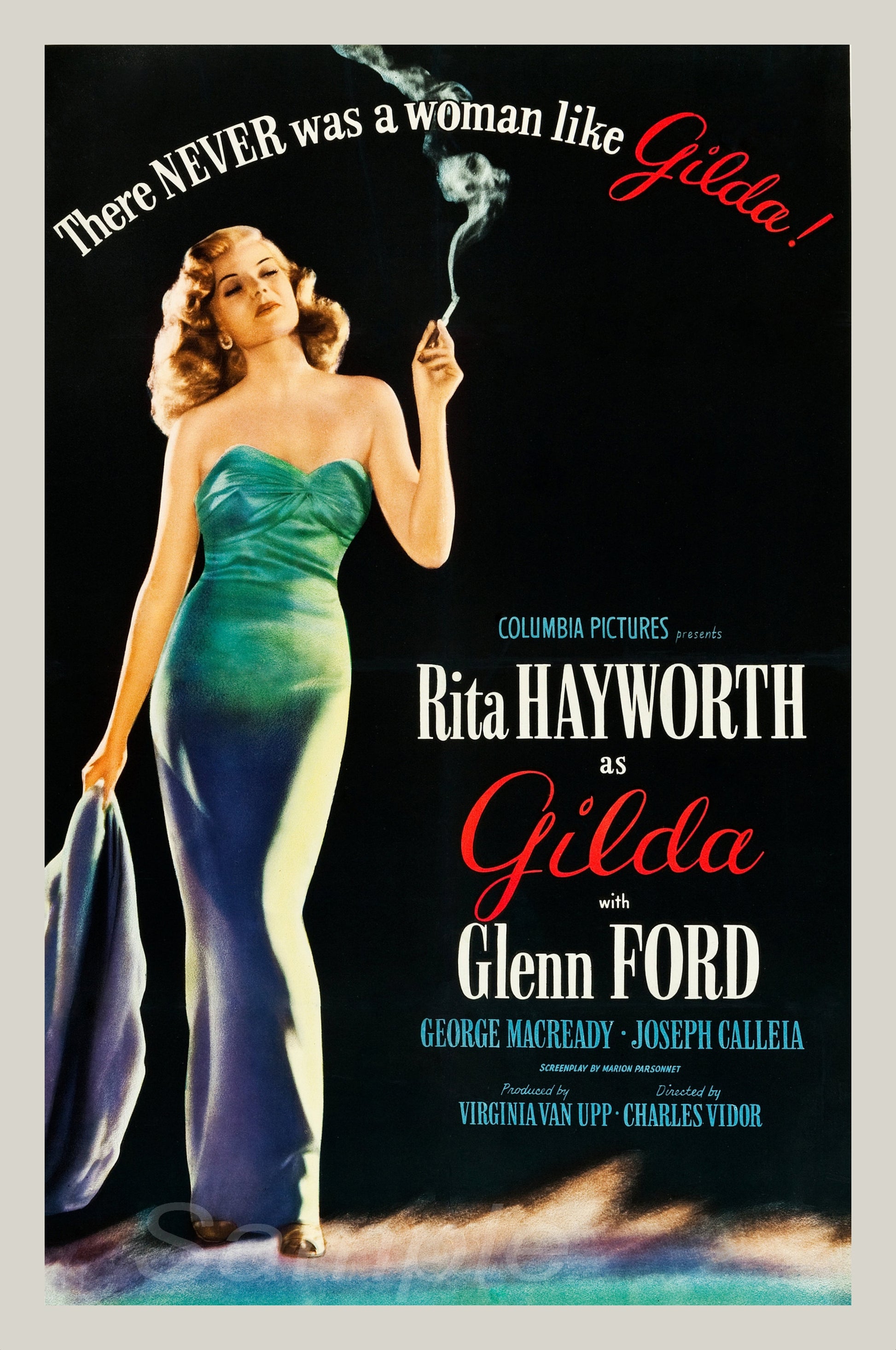 A vintage movie poster print of the 1946 film 'Gilda' featuring an image of the actress Rita Hayworth in a green dress, smoking a cigarette, with text including the movie title and names of the actors.