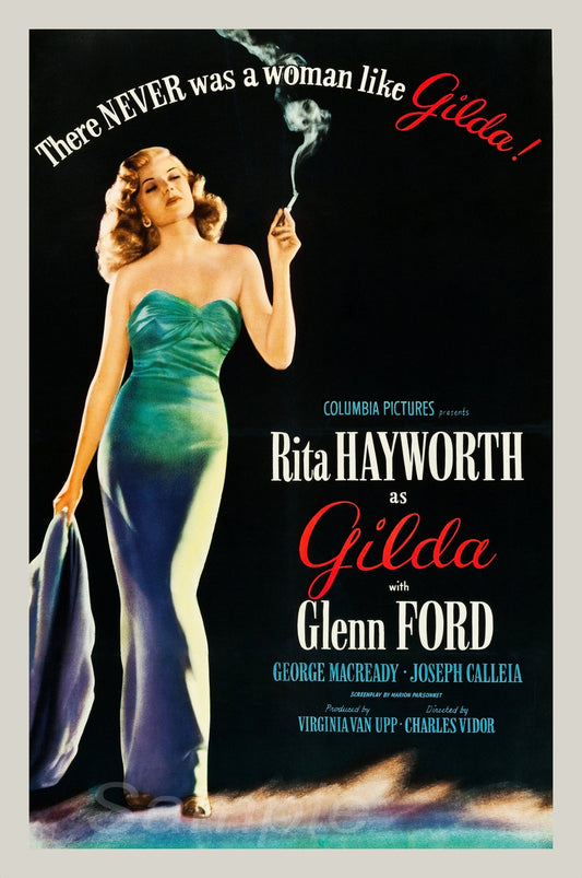 A vintage movie poster print of the 1946 film 'Gilda' featuring an image of the actress Rita Hayworth in a green dress, smoking a cigarette, with text including the movie title and names of the actors.