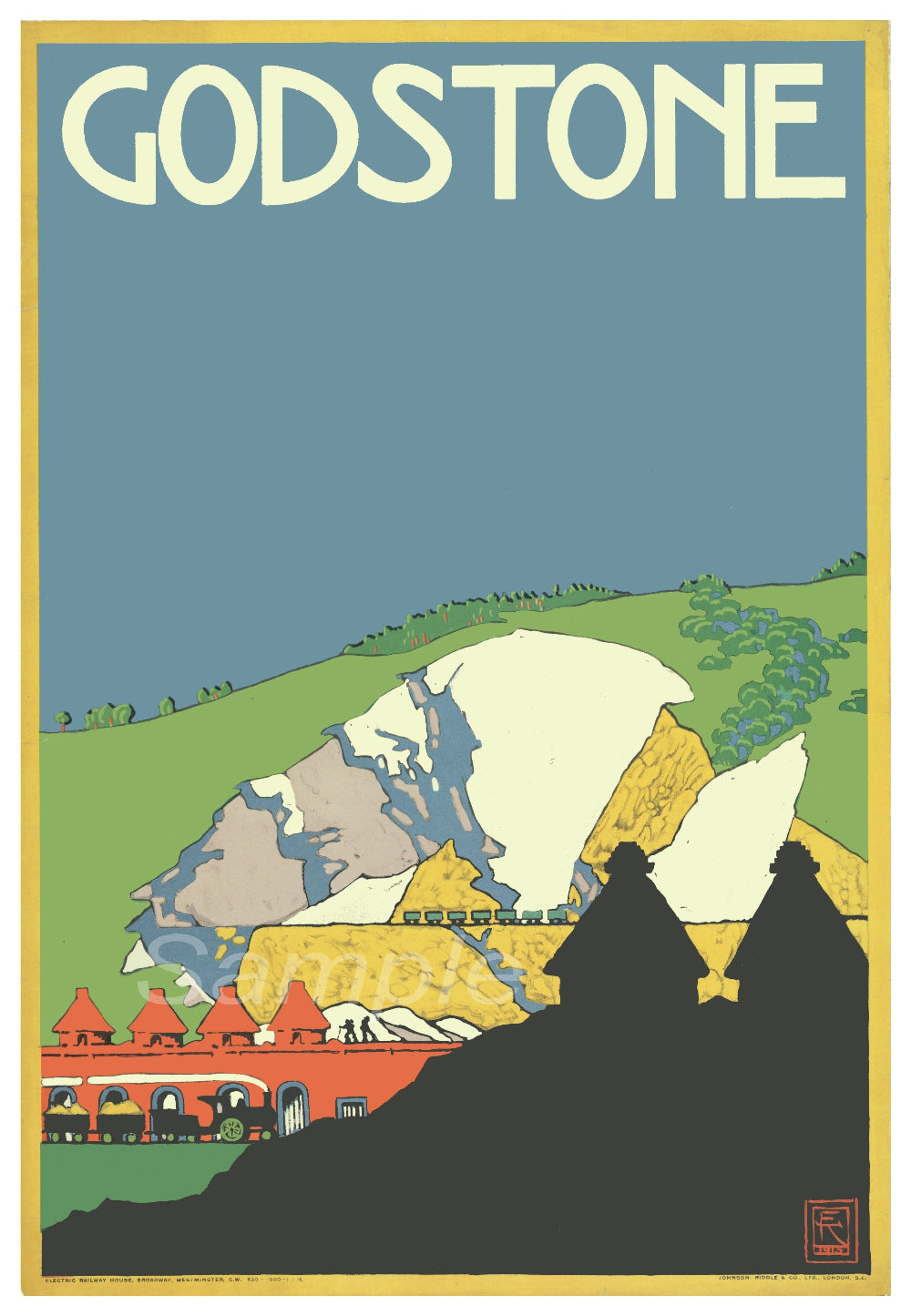 A vintage style poster depicting a train on tracks with surrounding landscape, titled 'GODSTONE'.