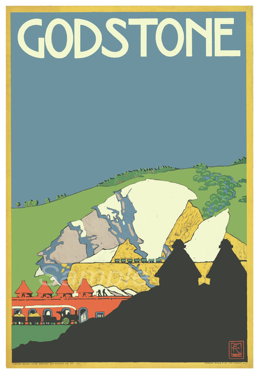 A vintage style poster depicting a train on tracks with surrounding landscape, titled 'GODSTONE'.
