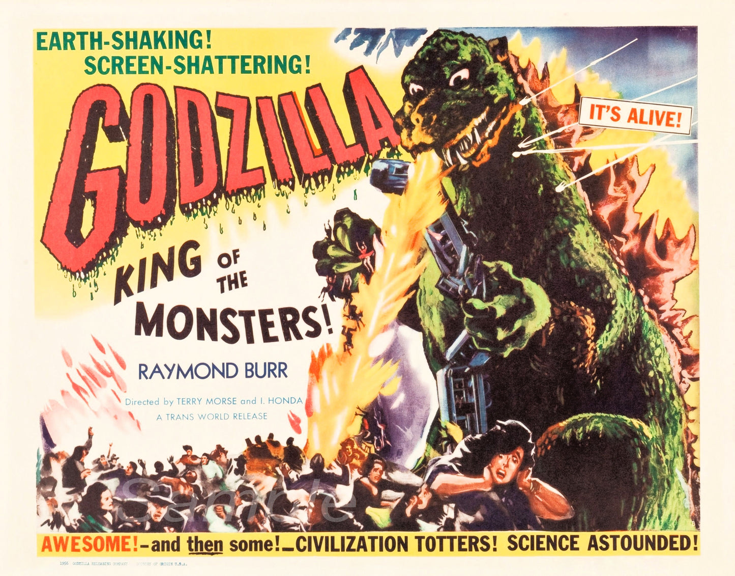 Vintage movie poster for 'Godzilla, King of the Monsters!' featuring an illustration of the Godzilla monster with a cityscape in the background, surrounded by a crowd of people in a state of panic.