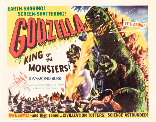 Vintage movie poster for 'Godzilla, King of the Monsters!' featuring an illustration of the Godzilla monster with a cityscape in the background, surrounded by a crowd of people in a state of panic.