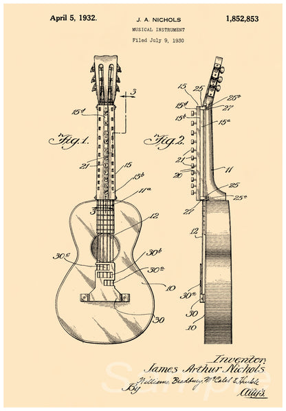 A vintage poster print depicting a line drawing of a guitar patent from 1930.