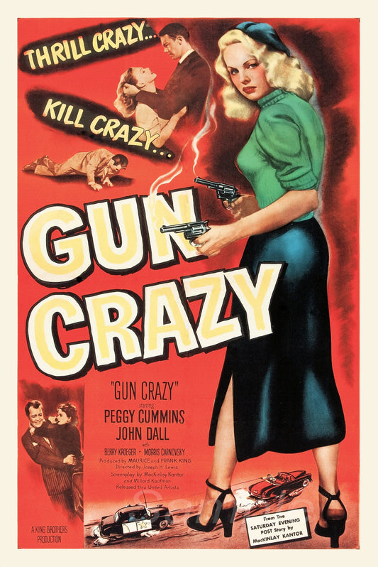 A vintage movie poster print for the 1950 film 'Gun Crazy' featuring a woman in a green top and black skirt holding a gun, with text and additional imagery depicting a crime scene.