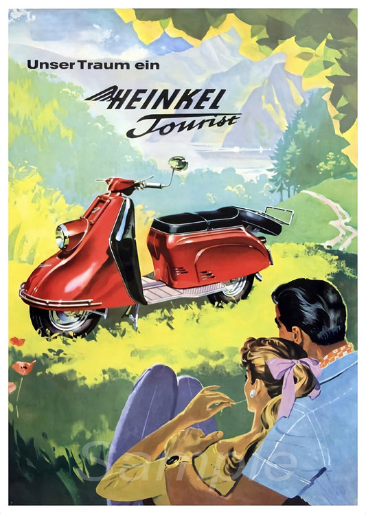 Vintage advertising poster for Heinkel Tourist scooter, featuring a red scooter with a couple sitting on it, set against a background of a field and trees.