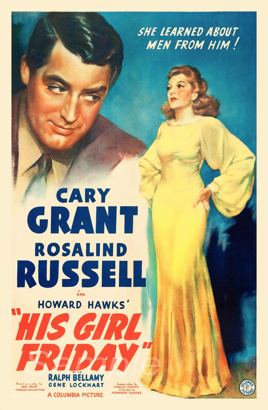 Vintage movie poster for 'His Girl Friday' featuring Cary Grant and Rosalind Russell.